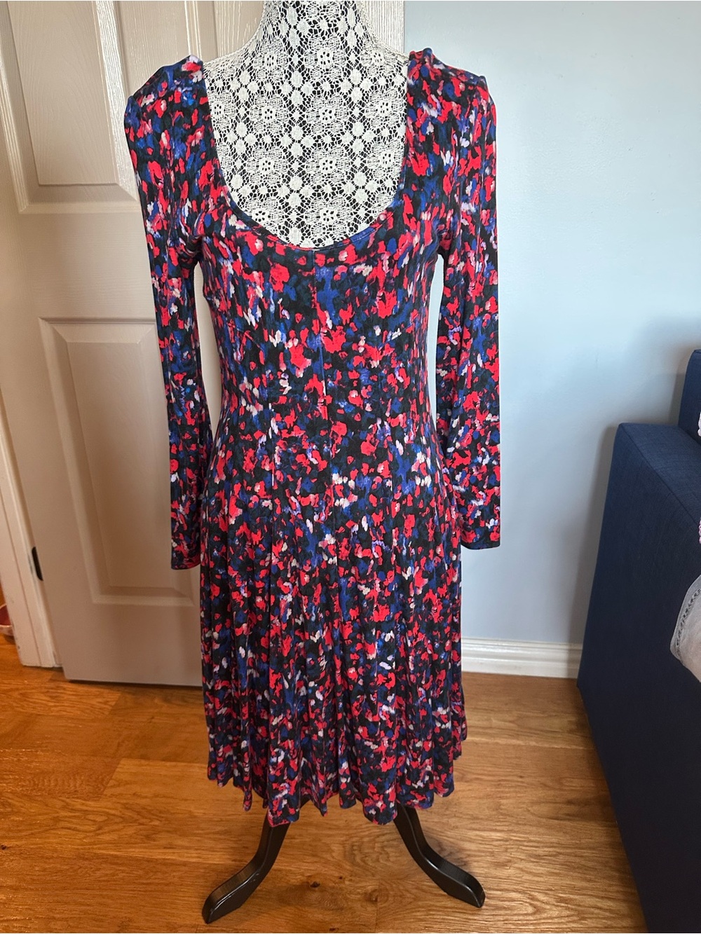 Anthropologie Long-Sleeve Scoop-Neck Midi Dress in Red, Blue and Black Floral